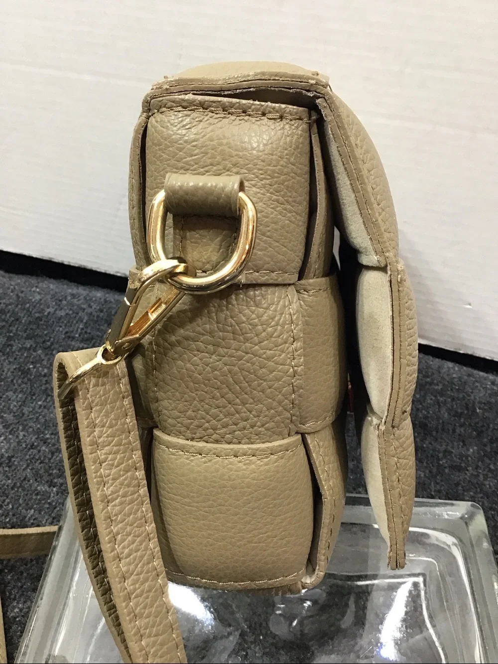Chiara Ferretti taupe padded cassette woven leather flap crossbody bag Italy